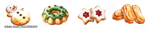 Watercolor festive snowman, wreath and star cookie assortment