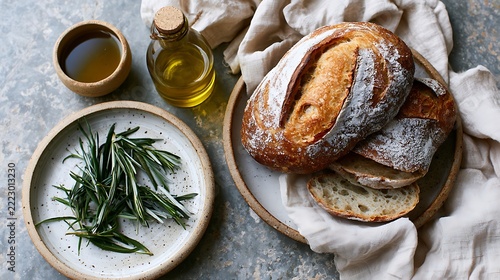 Flat Lay of Artisan Bread, Olive Oil and Rosemary / 職人パンとオリーブオイル、ローズマリーのフラットレイ