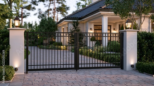 Elegant House Entrance with Black Iron Gate and Lanterns / 黒いアイアンゲートとランタンのあるエレガントな邸宅の門構え