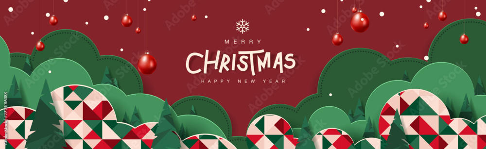 Naklejka premium Christmas banner background with typography, red ornaments, hanging balls, festive pattern, modern layout, holiday theme, celebration graphics, printable poster, digital template, xmas decoration.