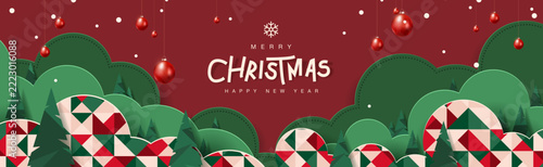 Christmas banner background with typography, red ornaments, hanging balls, festive pattern, modern layout, holiday theme, celebration graphics, printable poster, digital template, xmas decoration.