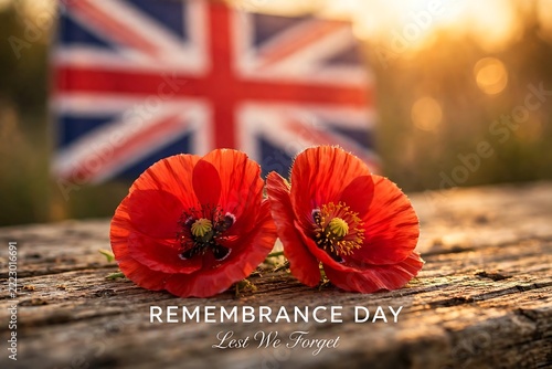 Remembrance day poppies on weathered wood with a blurred british flag in the background, symbol of peace and sacrifice