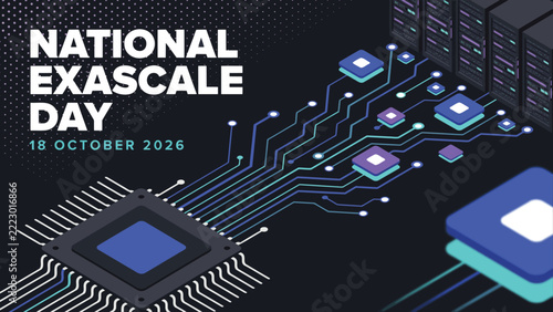 National exascale day digital banner design with computer hardware elements