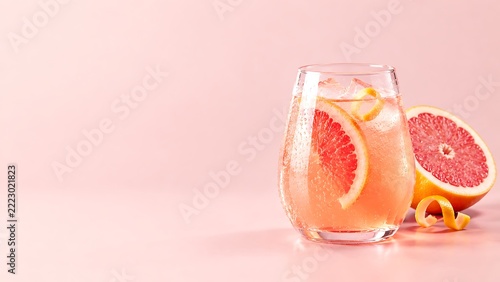 Pink grapefruit sparkling drink in elegant glass with fresh citrus slice on blush background for premium alcohol free beverage branding, summer marketing campaigns and packaging