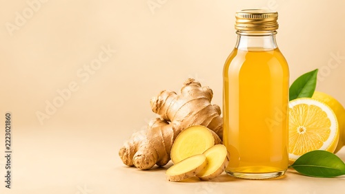Natural Ginger Lemon Functional Beverage Bottle With Fresh Ingredients for Wellness Brand Marketing, Healthy Lifestyle Promotion, Retail Product Advertising and Packaging Design