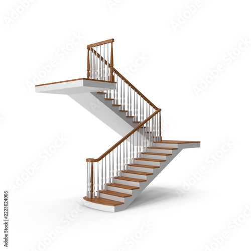 3D Wooden Residential Staircase with Handrails Isolated
