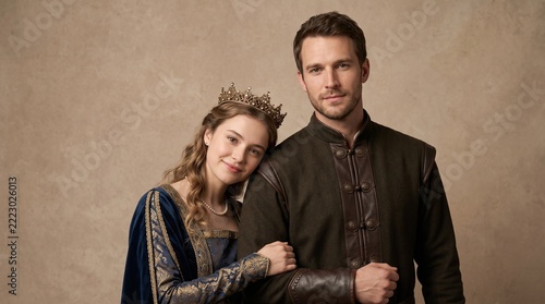 Image of a princess resting her head on the shoulder of a taller man.
