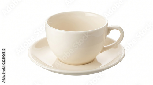 Minimalist white coffee cup and saucer on clean background perfect for coffee bag branding and product packaging
