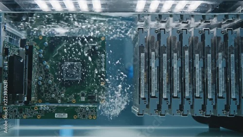 Server blades submerged in dielectric liquid for immersion cooling.