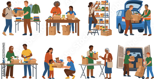 Community donation vector illustration showing volunteers sorting supplies, packing cardboard boxes, distributing essential goods, and helping families together