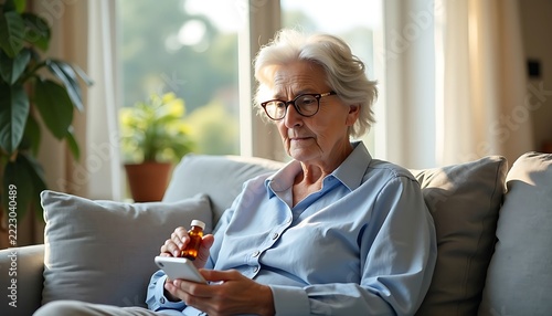 Elderly woman using smartphone to check medication bottle for healthcare.