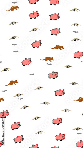 Obraz na plátně Cartoon animals pattern with pigs, anteaters, and bats