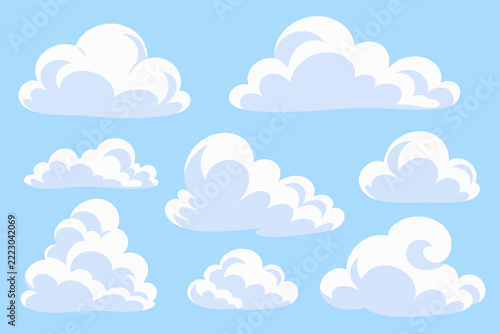Collection of cute fluffy cartoon clouds in various shapes and sizes. Minimalist flat vector style featuring soft white clouds with pastel blue shadows against a clear blue sky background.