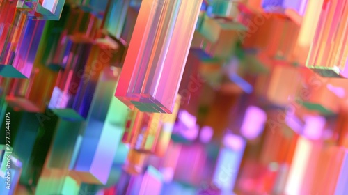 Colorful abstract shapes hang in a three-dimensional space filled with light and color patterns