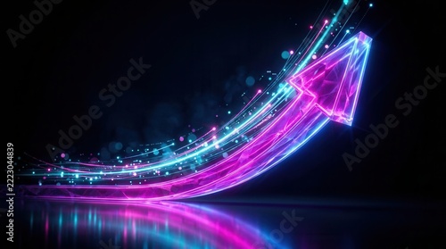 A luminous pink and blue neon arrow rises upward, representing success, growth, and progress.