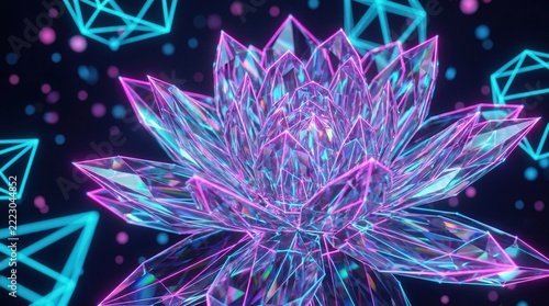 Cyberpunk style crystalline flower with vibrant pink and cyan neon geometric structures.