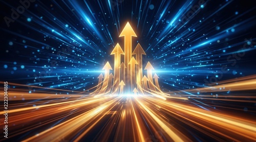 Vibrant streaks of light symbolize rapid growth and forward momentum through glowing arrows.