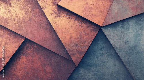 Textured geometric shapes in warm shades overlap to form an abstract composition, creating depth and visual interest in the artwork