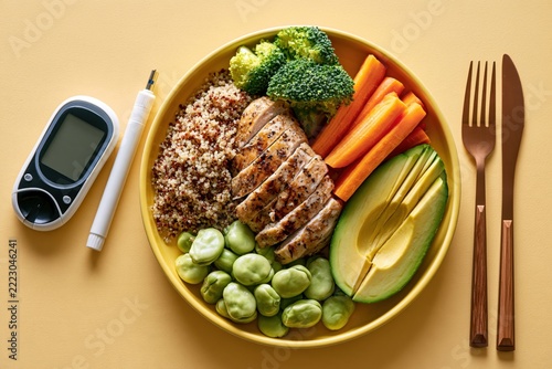Healthy meal plan focuses on balance for dietary needs with glucometer and insulin pen nearby