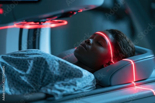 Female patient lying on CT table in hospital, undergoing scanning with headrest and laser guide system