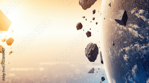 View of Earth with asteroids in space during sunset over a distant horizon