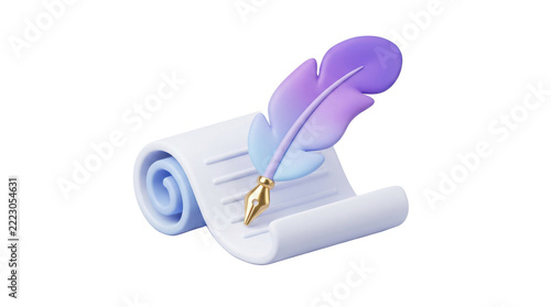 3d feather quill pen resting on a rolled paper scroll