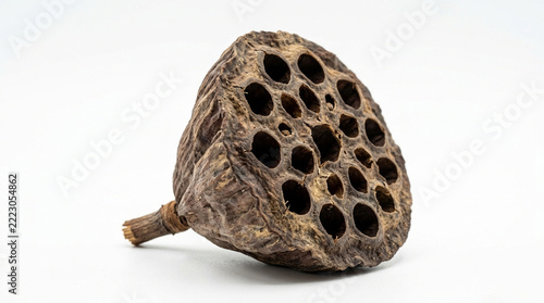 Dried lotus pod showing texture and seed holes rests on a white background.