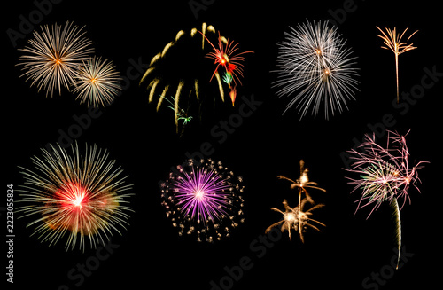 Variety of colorful fireworks isolated on black background
