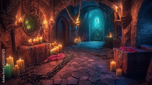 In a dimly lit dungeon room, chains hang on stone walls, while flickering candles cast eerie shadows. A treasure chest rests on the cold ground, hinting at hidden secrets beyond.