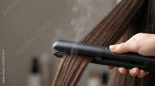 Hairdresser hand using black hair straightener styling long brown hair with visible rising steam in salon
