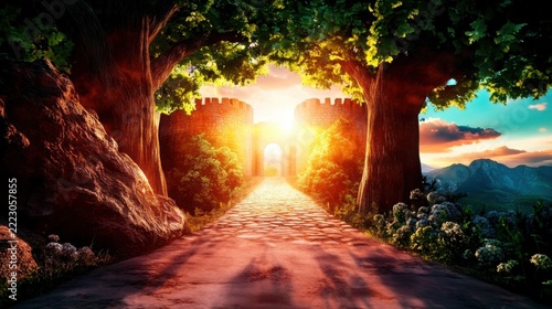 The medieval fantasy castle stands majestically, surrounded by trees, with an inviting path leading to its entrance, radiating warmth and magic against a dramatic night sky.