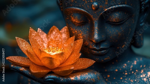 A gold Buddha statue gently cradles a lotus flower, surrounded by glowing particles and glitter against a dark blue background, evoking tranquility and spiritual reflection.
