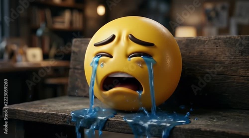 Emotional crying emoji with sad facial expression on wooden surface