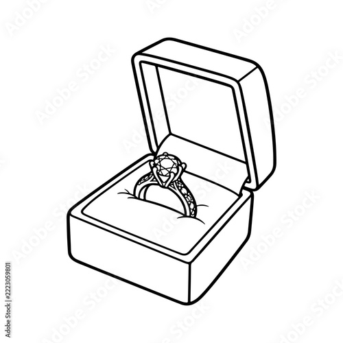 Open Ring Box with Elegant Diamond Engagement Ring, Black and White Minimalist Line Art Illustration