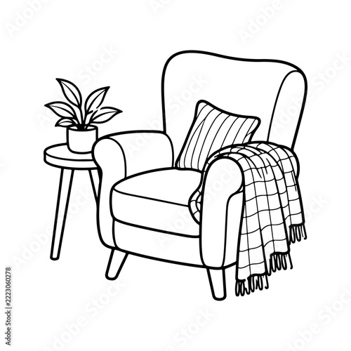 Cozy Armchair with Checkered Blanket, Striped Cushion and Potted Plant, Minimalist Black and White Interior Line Art