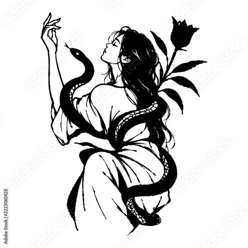 Mystical Woman with Flowing Hair and Coiled Snake, Black and White Gothic Ink Illustration