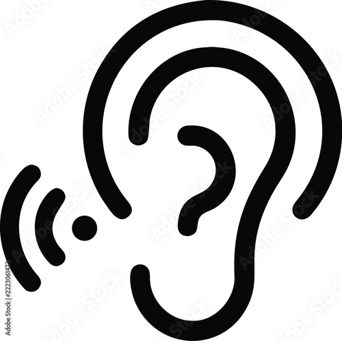 Black hearing aid icon or listening symbol for sound communication.