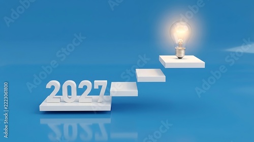 3d rendering of white steps ascending with a glowing light bulb at the and the year 2027 at the base on blue