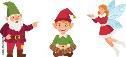 Set of cute Christmas characters including gnome, elf, and fairy vector illustration