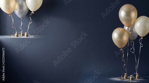 Elegant gold and silver balloons gently floating above a dark surface, symbolizing celebration and joyous moments