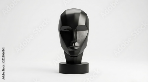 Minimalist Matte Black Geometric Head Sculpture Featuring Angular Architectural Lines Isolated On A Clean White Studio Backdrop