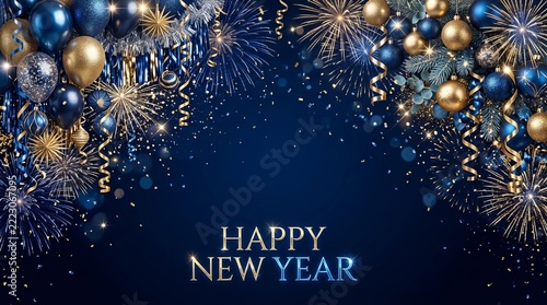 Sparkling fireworks burst above blue and gold balloons, ribbons celebrate joyous moments, creating a festive background
