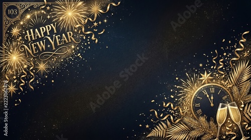 Golden fireworks burst, celebratory lettering, and shimmering confetti adorn a dark background, representing joyous new year's wishes