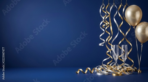 Elegant gold balloons and ribbon streamers elegantly swirl alongside sparkling champagne flutes, festive celebration backdrop