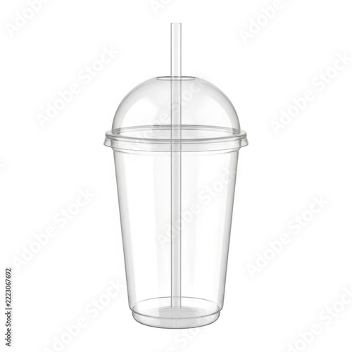 Empty Plastic Disposable Cup with Straw Isolated on White