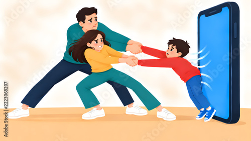 Parents pulling child away from smartphone screen addiction illustration