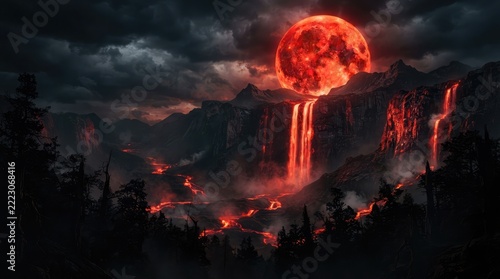 Surreal landscape featuring a giant glowing blood moon rising over dramatic volcanic mountains with rivers of molten lava flowing down