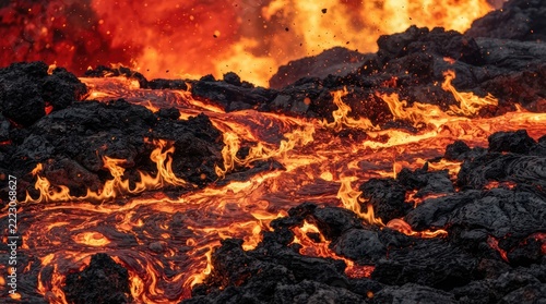 Intense Molten Lava Flowing Over Dark Volcanic Rock Surfaces Creating A Powerful Display Of Earths Natural Geothermal Energy Process