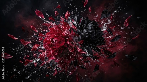 A dramatic explosion of vivid red and deep black floral petals frozen in motion against a dark atmospheric smoke background