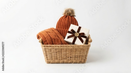 Cozy Autumn Gift Basket Featuring A Warm Knitted Rust Orange Winter Beanie A Matching Cable Knit Scarf And A Beautifully Wrapped Present